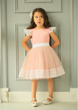 Feifei Sleeves Blush Pink Satin Tulle Flower Girl Dress